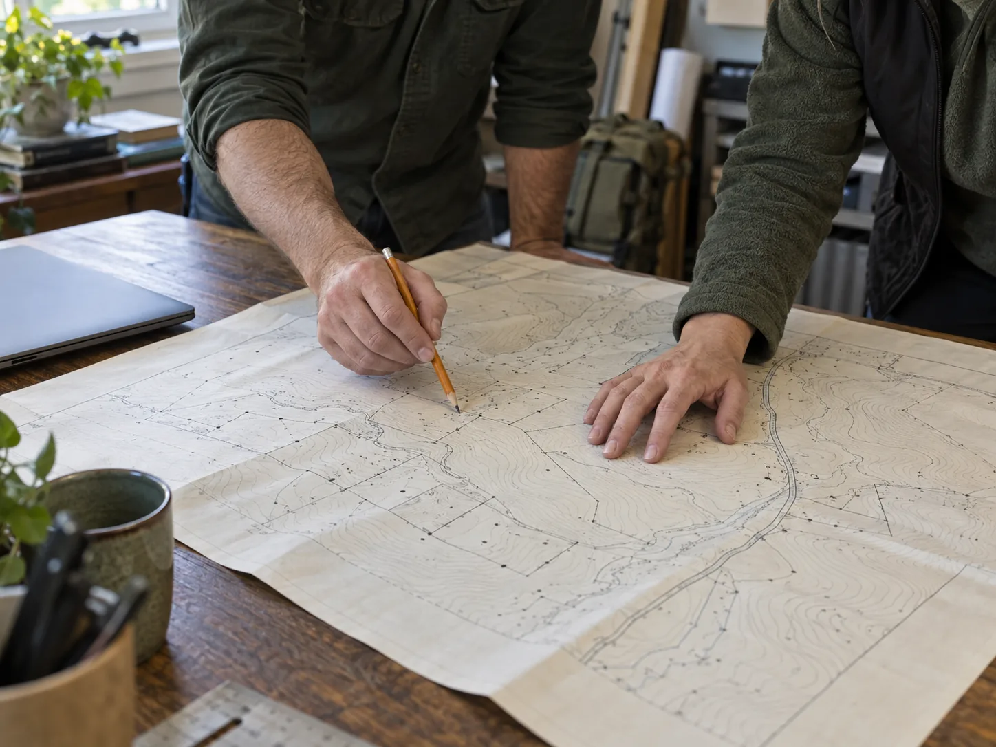 Illustrative scene of two people reviewing a survey plan at an office drafting table